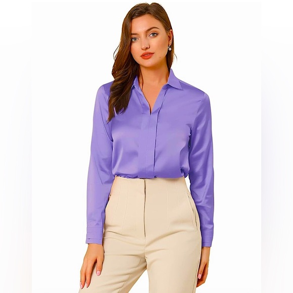 Allegra K Women's Satin Blouse Elegant V Neck Long Sleeve - Lavender - Picture 2 of 5